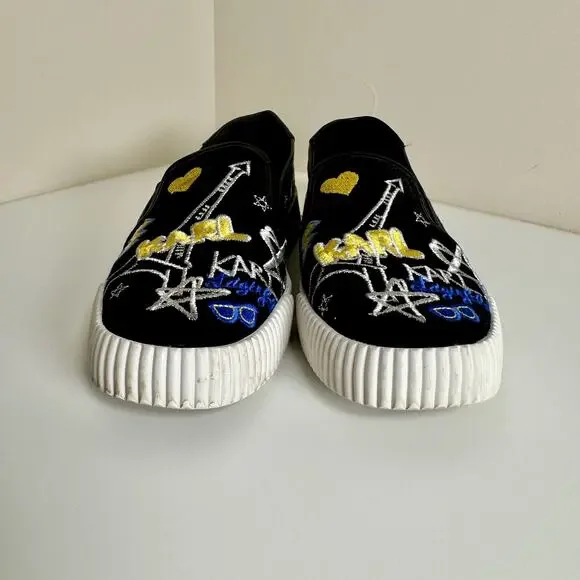 Karl Lagerfeld Paris Jazlyn Slip On Sneakers Size 8 Black Embroidered Graffiti - Picture 11 of 16
